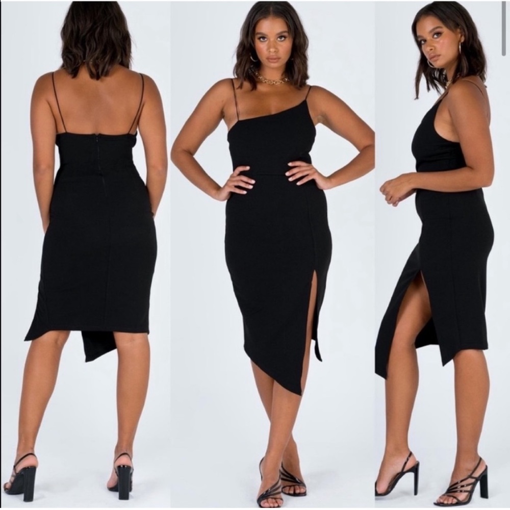 Princess Polly Black Aero Asymmetric Side Slit Midi Dress
